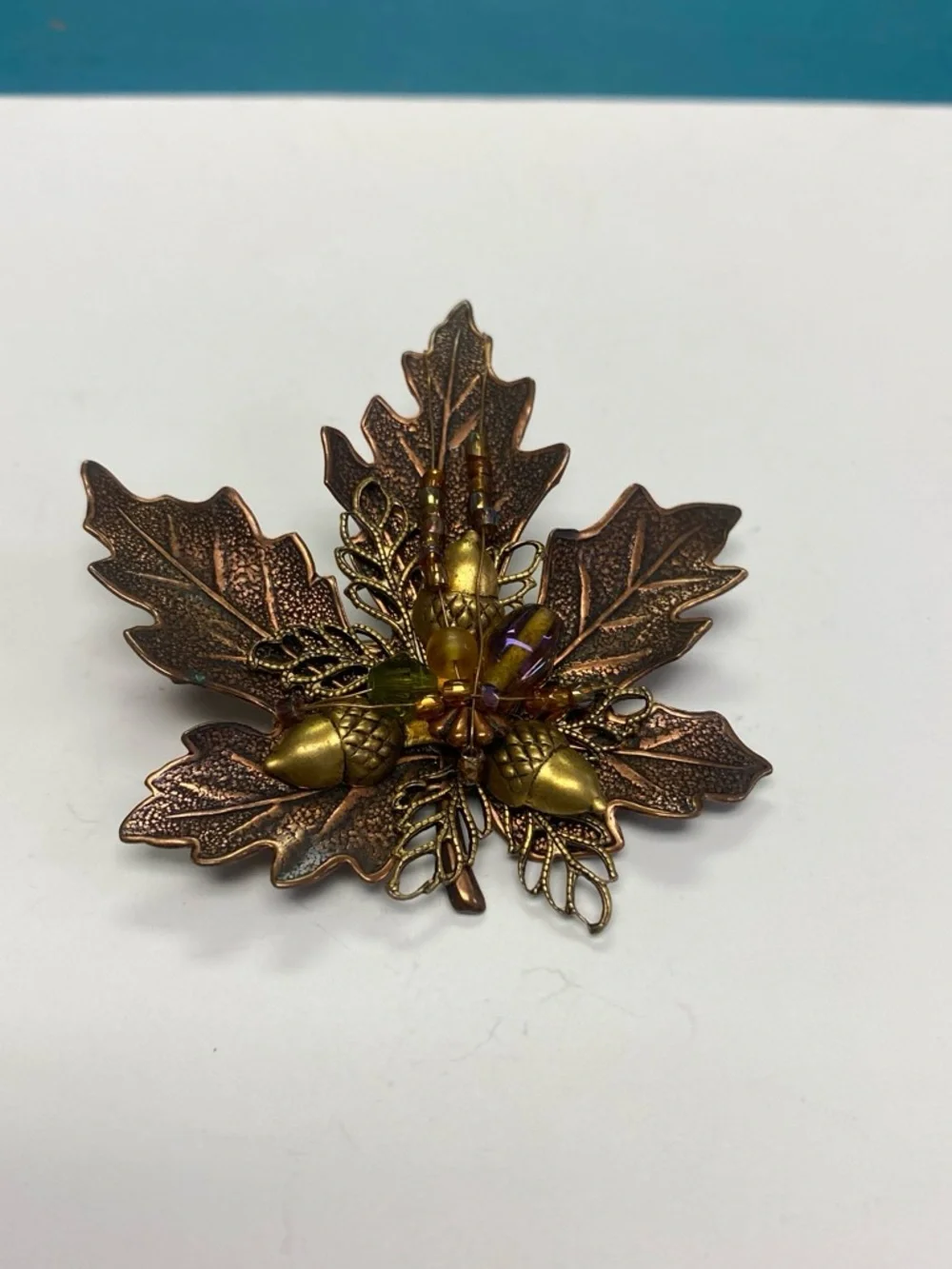 Vintage signed Autumn Leaf Acorn Brooch in Metallic Copper and Gold